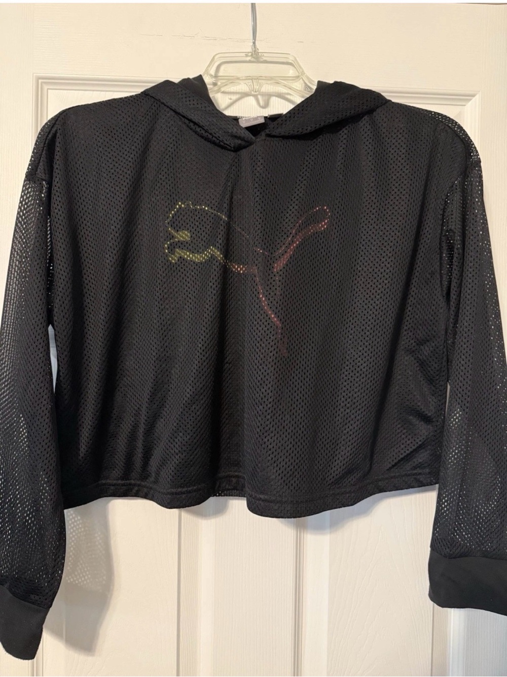 Puma Black Mesh Cropped Hoodie with Iridescent Logo Accent
